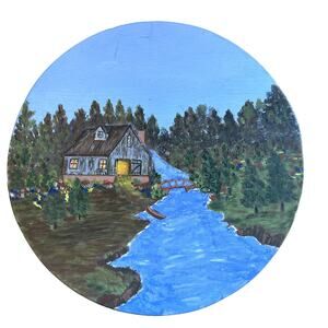 Vintage Wooden short Hat Box with ART painting of river  & barn house 3-D